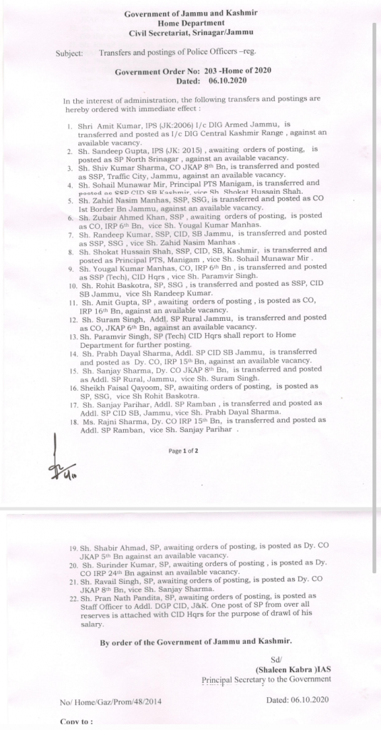 Shiv Kumar new SSP Traffic Jammu, Sanjay posted as SP Rural